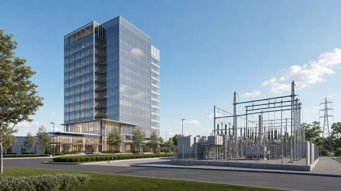 Architektur-Rendering eines Glashochhauses neben einem elektrischen Umspannwerk am Tag