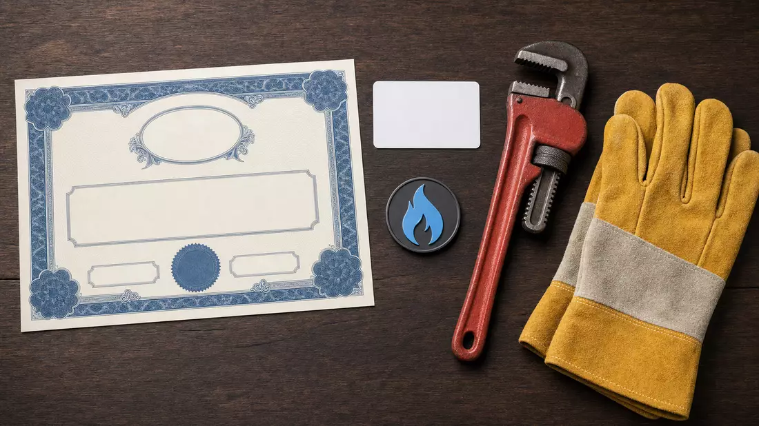 Flatlay mit Aktienzertifikat, ISIN-Karte, Rohrzange und Handschuhen der Energiebranche