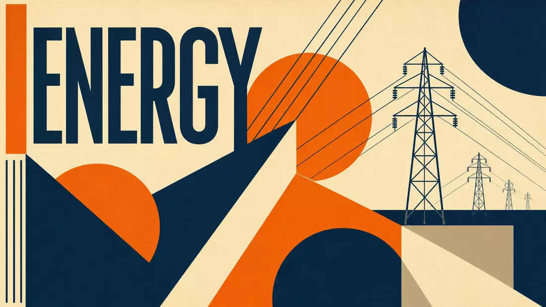 Geometrisches Bauhaus-Poster mit Strommasten und großem Schriftzug ENERGY in Orange