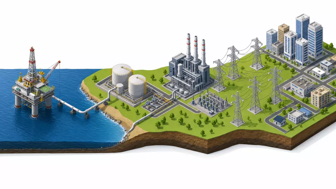 Isometrische 3D-Grafik der Energie-Wertschöpfungskette von Förderplattform bis Stadt