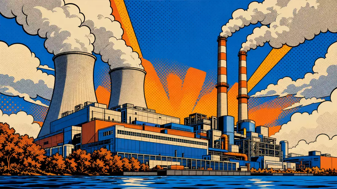 Pop-Art-Comic-Illustration eines Kraftwerks mit Kühltürmen und farbigem Dampf