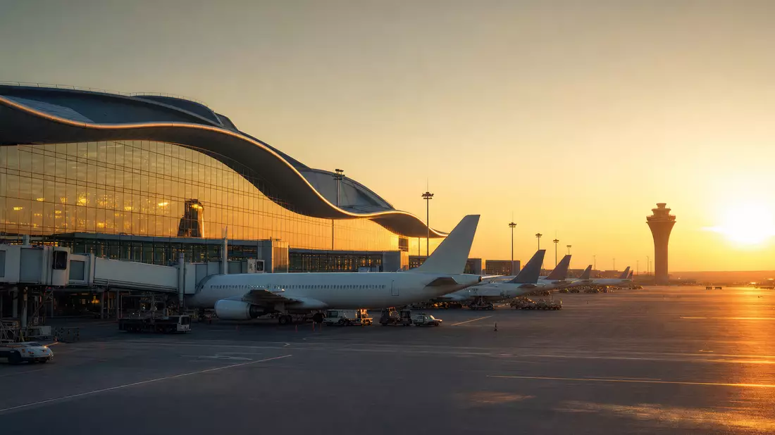 Flughafen-Terminal mit Flugzeugen bei Sonnenuntergang, Aena ES0105046009