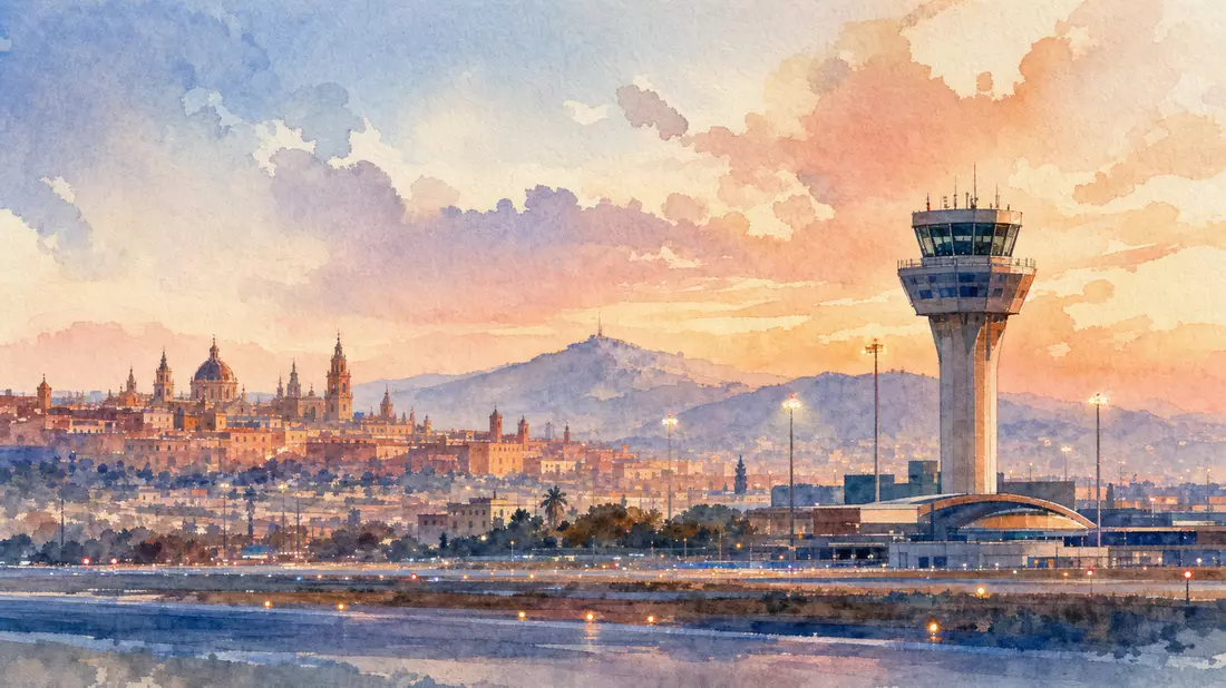 Aquarell von Stadtsilhouette mit Flughafenturm in Pastelltönen, Aena ES0105046009
