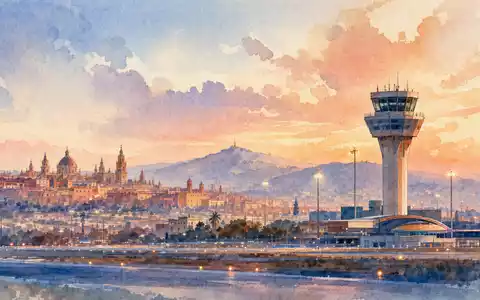 Aquarellmalerei zeigt Madrider Stadtsilhouette mit Flughafenkontrolltrum, Symbolbild für Aena S.M.E. S.A., ISIN ES0105046009 - Foto: THN