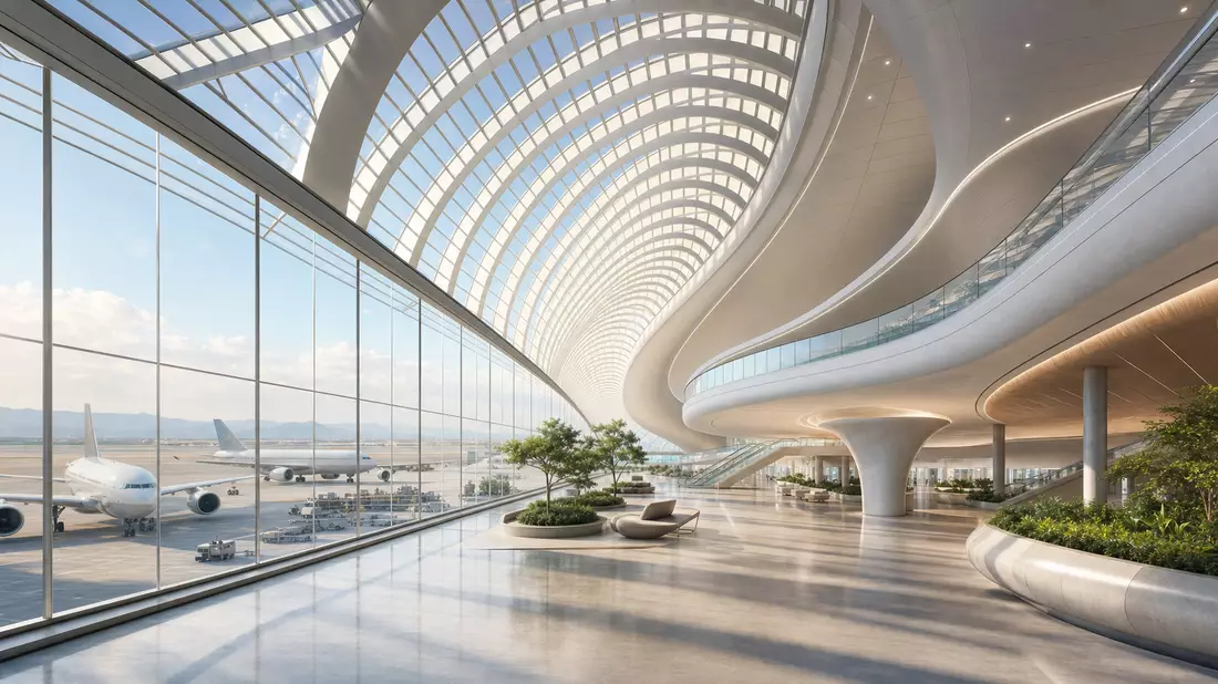 3D-Architekturrender eines Flughafenterminals mit Glasfassade, Aena ES0105046009