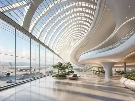 Architektonisches 3D-Render eines futuristischen Flughafenterminals visualisiert Wachstumsstrategie von Aena S.M.E. S.A., ISIN ES0105046009 - Foto: THN
