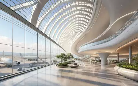 Architektonisches 3D-Render eines futuristischen Flughafenterminals visualisiert Wachstumsstrategie von Aena S.M.E. S.A., ISIN ES0105046009 - Foto: THN
