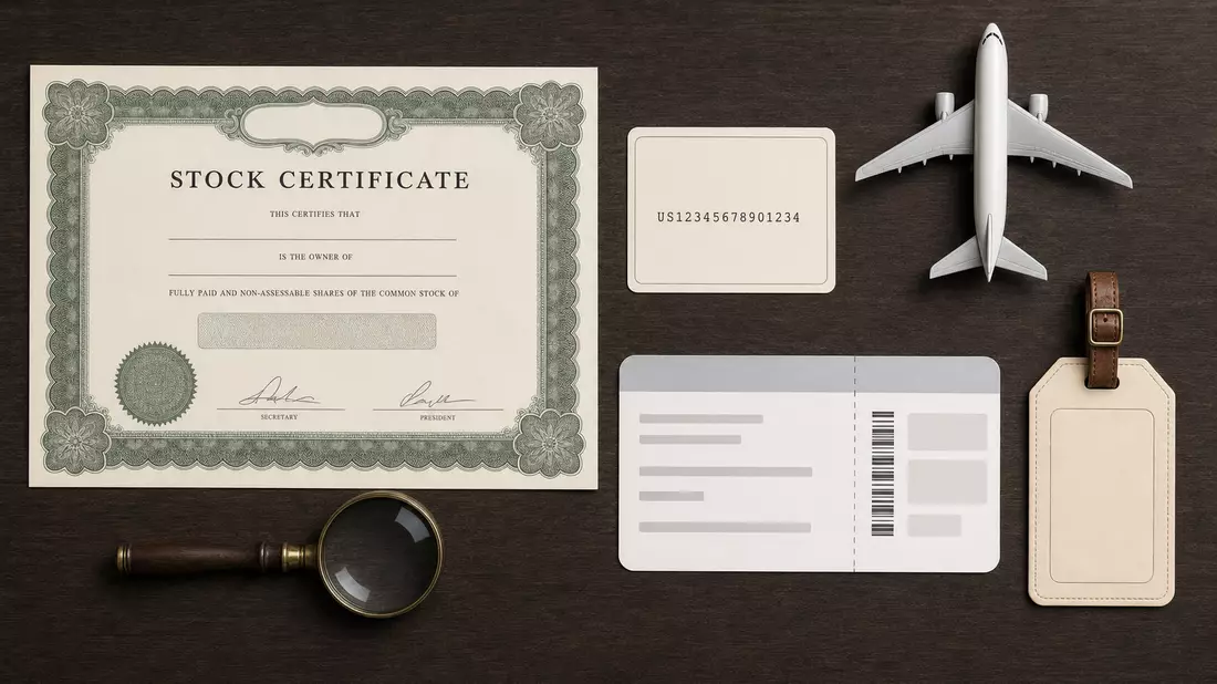 Flatlay mit Aktienzertifikat, ISIN-Karte und Flugzeugmodell, Aena ES0105046009