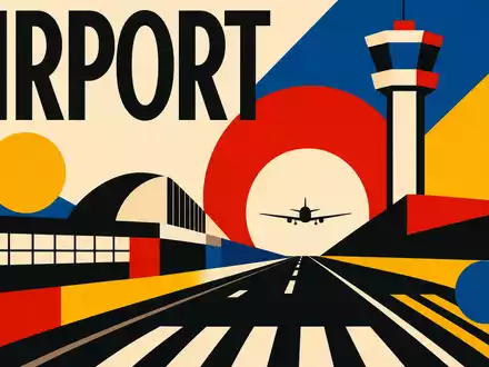 Geometrisches Bauhaus-Poster mit Sektor-Schriftzug AIRPORT visualisiert Geschäftsfeld von Aena S.M.E. S.A., ISIN ES0105046009 - Foto: THN