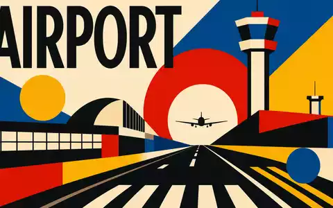 Geometrisches Bauhaus-Poster mit Sektor-Schriftzug AIRPORT visualisiert Geschäftsfeld von Aena S.M.E. S.A., ISIN ES0105046009 - Foto: THN