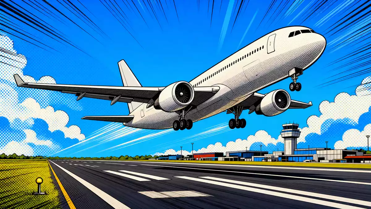 Pop-Art-Comic zeigt startendes Flugzeug mit Halbtonpunkten, Aena ES0105046009