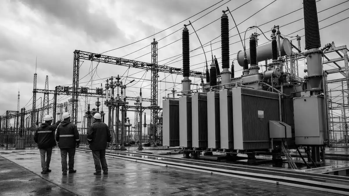 Schwarzweißfoto von Technikern im Umspannwerk, Bezug zu Redeia Red Eléctrica