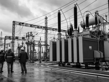 Schwarzweiß-Reportagefoto zeigt Techniker im Umspannwerk, passend zu Redeia (Red Eléctrica), ISIN ES0173093024, Netzbetreiber Spaniens - Foto: THN