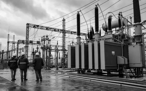 Schwarzweiß-Reportagefoto zeigt Techniker im Umspannwerk, passend zu Redeia (Red Eléctrica), ISIN ES0173093024, Netzbetreiber Spaniens - Foto: THN