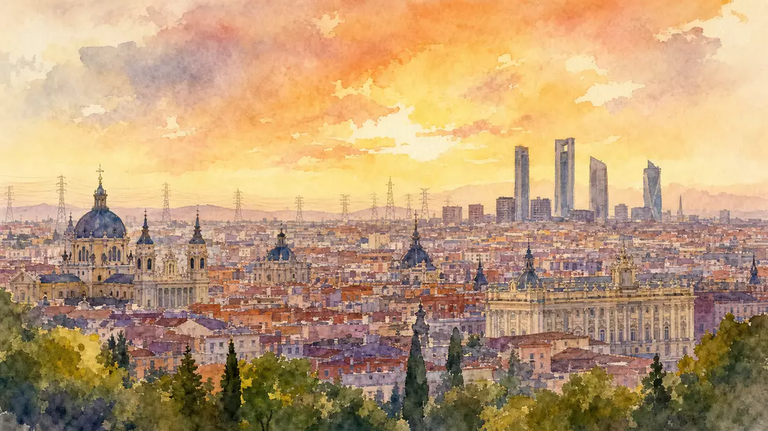 Aquarell der Madrider Skyline mit Strommasten für Redeia Red Eléctrica
