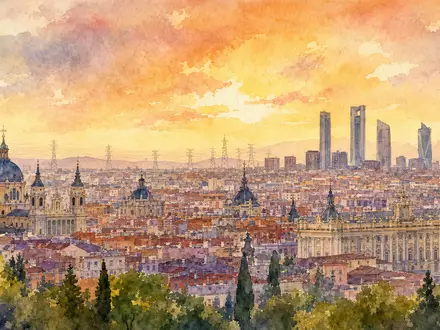 Aquarellmalerei der Madrider Skyline mit fernen Strommasten illustriert Redeia (Red Eléctrica), ISIN ES0173093024, Netzbetreiber Alcobendas - Foto: THN