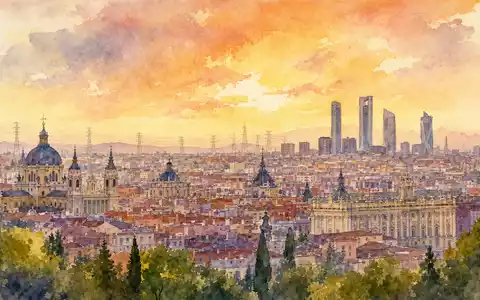Aquarellmalerei der Madrider Skyline mit fernen Strommasten illustriert Redeia (Red Eléctrica), ISIN ES0173093024, Netzbetreiber Alcobendas - Foto: THN