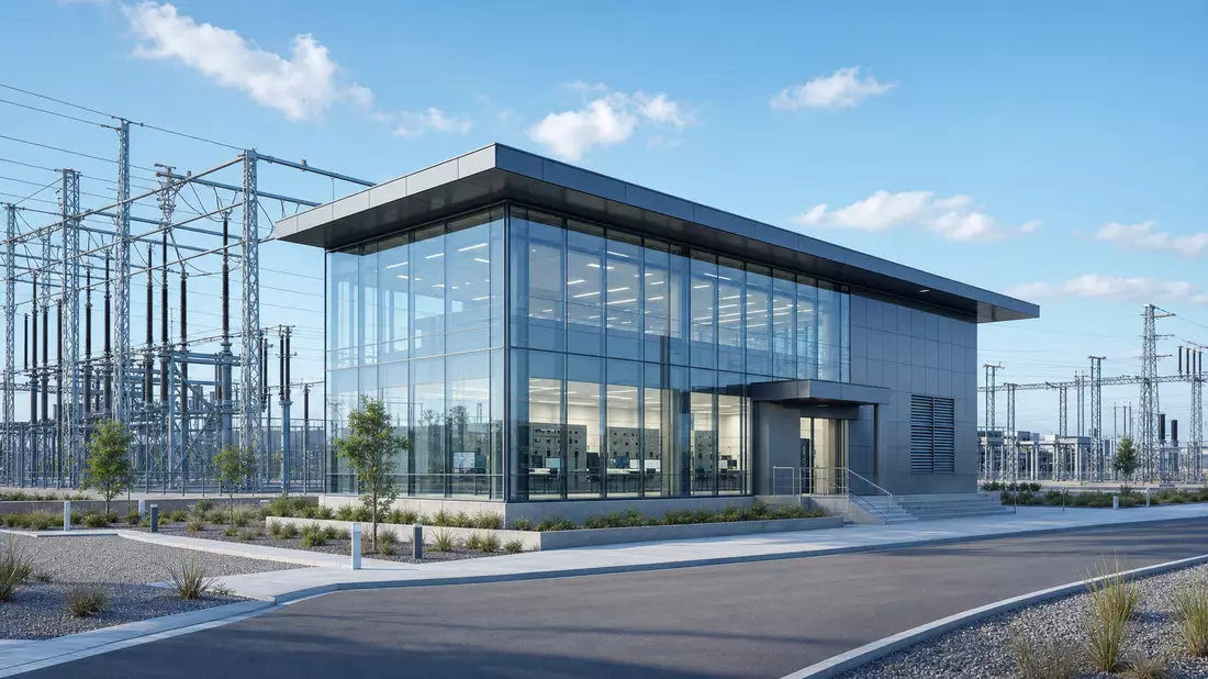 Umspannwerk-Gebäude als Architekturrender, Symbolik für Redeia Red Eléctrica