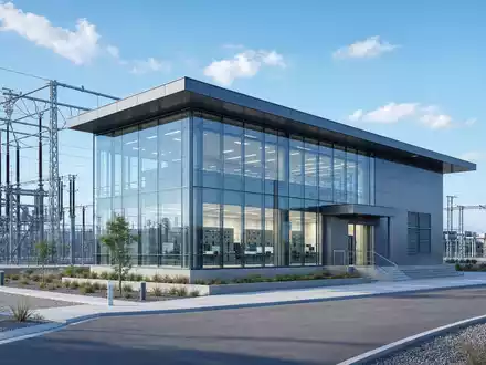 Architektur-Render eines modernen Umspannwerk-Gebäudes repräsentiert Redeia (Red Eléctrica), ISIN ES0173093024, Infrastruktur des Stromübertragungsnetzes - Foto: THN