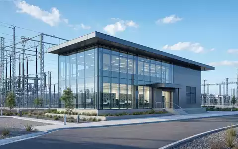Architektur-Render eines modernen Umspannwerk-Gebäudes repräsentiert Redeia (Red Eléctrica), ISIN ES0173093024, Infrastruktur des Stromübertragungsnetzes - Foto: THN
