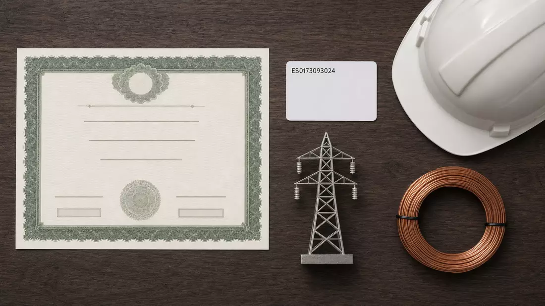 Flatlay mit Aktienzertifikat und ISIN-Karte, thematisch zu Redeia Red Eléctrica