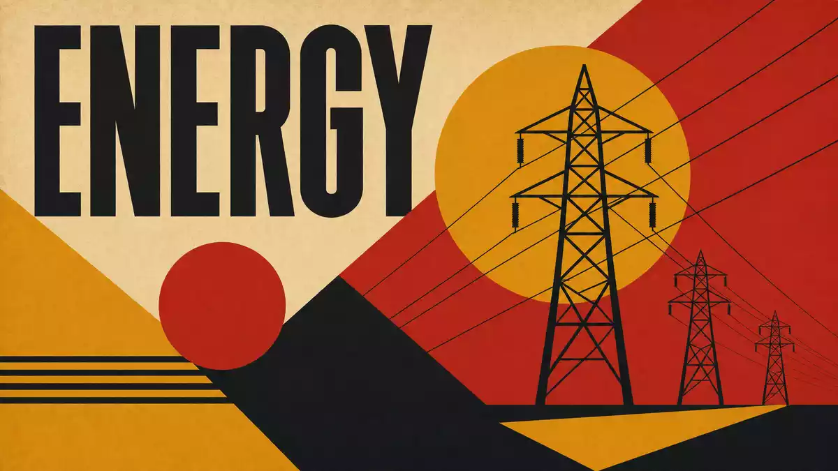 Bauhaus-Poster mit Strommast und Energy-Schriftzug für Redeia Red Eléctrica
