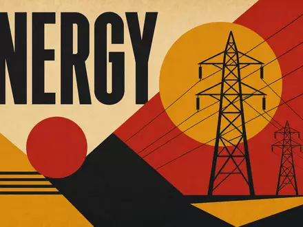 Geometrisches Bauhaus-Poster mit Strommast-Motiv und Schriftzug ENERGY repräsentiert Redeia (Red Eléctrica), ISIN ES0173093024, Netzbetreiber - Foto: THN