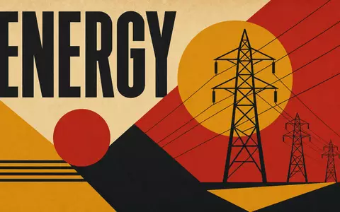 Geometrisches Bauhaus-Poster mit Strommast-Motiv und Schriftzug ENERGY repräsentiert Redeia (Red Eléctrica), ISIN ES0173093024, Netzbetreiber - Foto: THN