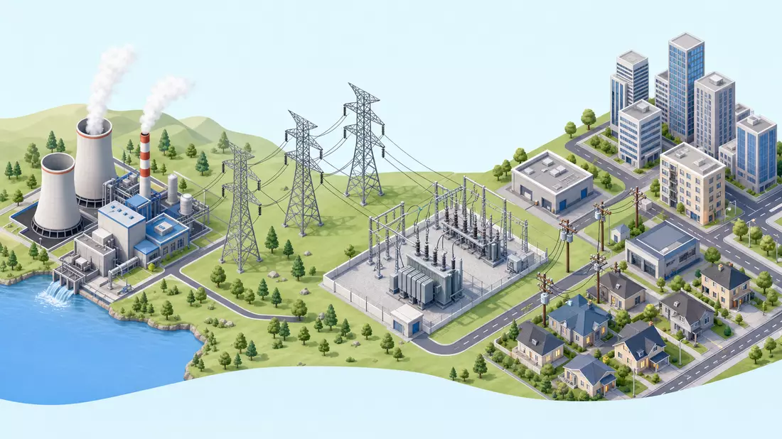 Isometrische Grafik der Stromkette, Kraftwerk bis Stadt, Redeia Red Eléctrica