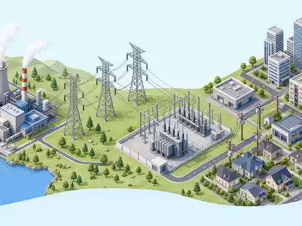 Isometrische 3D-Grafik der Stromwertschöpfungskette visualisiert Geschäftsmodell von Redeia (Red Eléctrica), ISIN ES0173093024, Kraftwerk bis Verbraucher - Foto: THN