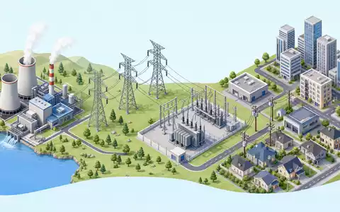 Isometrische 3D-Grafik der Stromwertschöpfungskette visualisiert Geschäftsmodell von Redeia (Red Eléctrica), ISIN ES0173093024, Kraftwerk bis Verbraucher - Foto: THN
