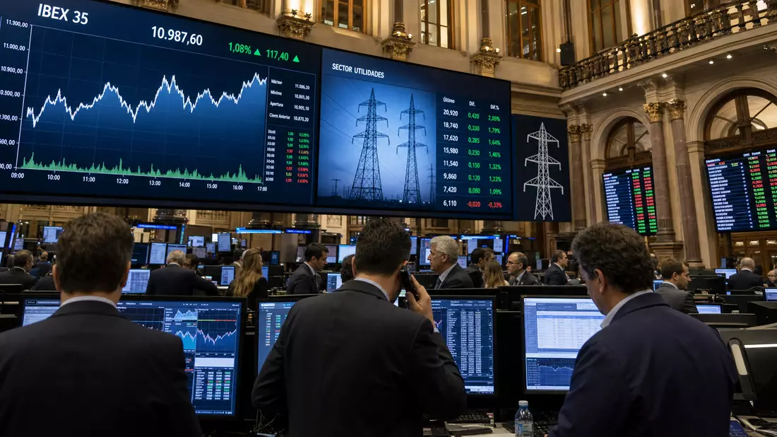 Handelssaal mit IBEX-35-Kurstafeln und Energie-Charts, Bezug zu Redeia Red Eléctrica