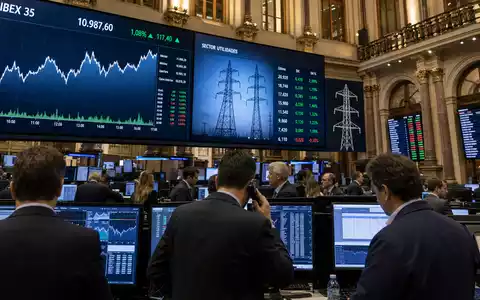 Börsen-Editorial zeigt Handelssaal mit IBEX-35-Charts, thematisch verknüpft mit Redeia (Red Eléctrica), ISIN ES0173093024, Energiesektor - Foto: THN