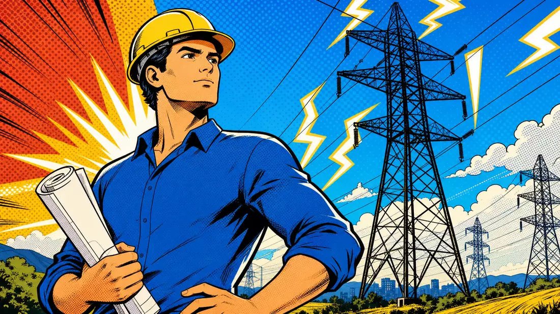 Pop-Art-Comic mit Ingenieur vor Strommasten für Redeia Red Eléctrica