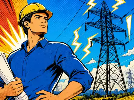 Farbenfrohe Pop-Art-Comicszene mit Ingenieur vor Strommasten symbolisiert Redeia (Red Eléctrica), ISIN ES0173093024, Netzbetreiber - Foto: THN