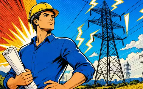 Farbenfrohe Pop-Art-Comicszene mit Ingenieur vor Strommasten symbolisiert Redeia (Red Eléctrica), ISIN ES0173093024, Netzbetreiber - Foto: THN