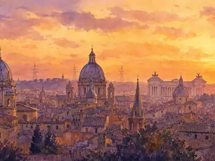 Terna - Rete Elettrica Nazionale IT0003242622 Aquarell-Gemälde zeigt Rom-Skyline mit Kuppeln im goldenen Abendlicht - Foto: THN