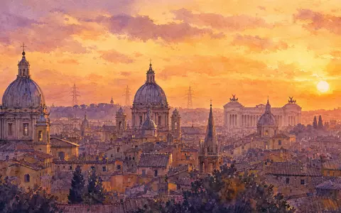 Terna - Rete Elettrica Nazionale IT0003242622 Aquarell-Gemälde zeigt Rom-Skyline mit Kuppeln im goldenen Abendlicht - Foto: THN