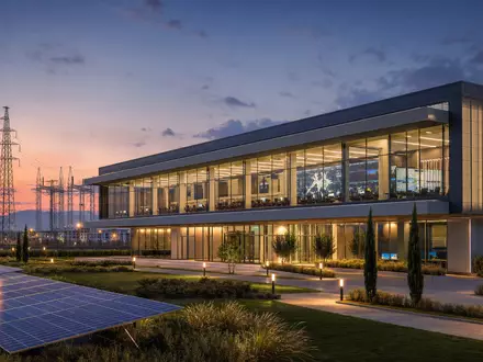 Terna - Rete Elettrica Nazionale IT0003242622 Architektur-Render zeigt modernes Netzleitzentrum aus Glas mit Solarpanels - Foto: THN