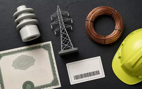 Terna - Rete Elettrica Nazionale IT0003242622 Flatlay zeigt Isolator Mastmodell Kupferdraht und Aktienzertifikat mit ISIN-Karte - Foto: THN