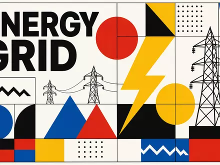 Terna - Rete Elettrica Nazionale IT0003242622 Bauhaus-Poster zeigt Schriftzug ENERGY GRID mit geometrischen Formen Blitz - Foto: THN