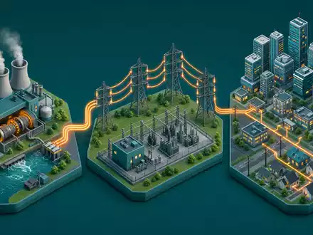 Terna - Rete Elettrica Nazionale IT0003242622 isometrische Darstellung zeigt Stromnetz-Wertschöpfungskette von Kraftwerk bis Stadt - Foto: THN