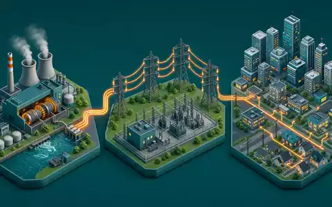 Terna - Rete Elettrica Nazionale IT0003242622 isometrische Darstellung zeigt Stromnetz-Wertschöpfungskette von Kraftwerk bis Stadt - Foto: THN