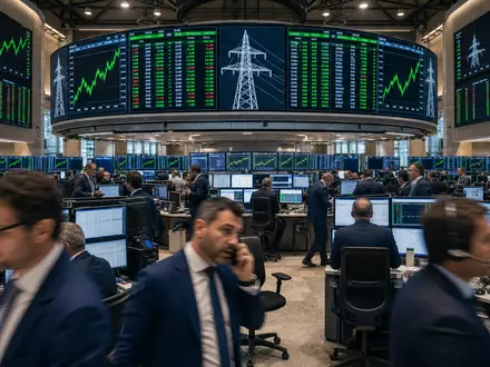 Terna - Rete Elettrica Nazionale IT0003242622 Börsen-Editorial zeigt Handelssaal mit Energie-Aktiencharts und digitalen Kurstafeln - Foto: THN