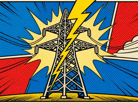 Terna - Rete Elettrica Nazionale IT0003242622 Pop-Art-Comic zeigt stilisierten Strommast mit gelbem Blitzschlag und Rasterpunkten - Foto: THN