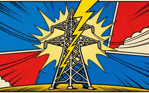 Terna - Rete Elettrica Nazionale IT0003242622 Pop-Art-Comic zeigt stilisierten Strommast mit gelbem Blitzschlag und Rasterpunkten - Foto: THN