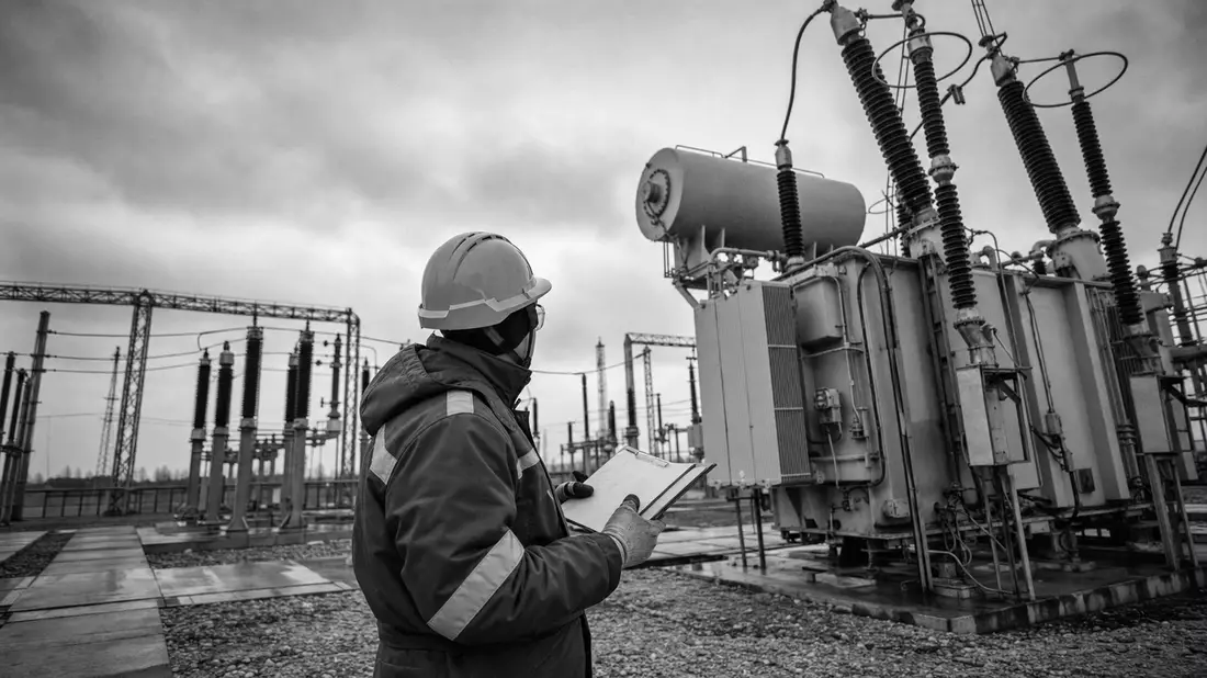 SW-Reportagefoto eines Technikers bei der Inspektion einer Umspannstation