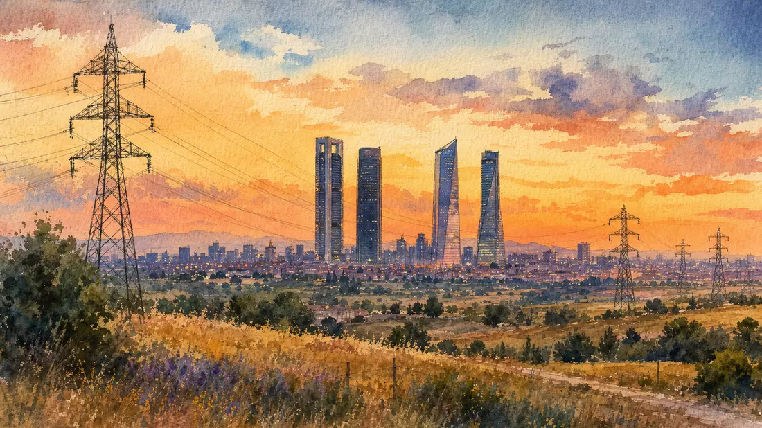 Aquarell der Madrider Skyline mit Strommasten in warmen Abendfarben