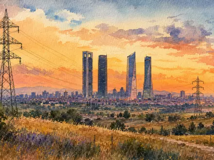 Endesa S.A. ES0130670112 präsentiert Aquarell der Madrider Skyline mit Hochspannungsmasten bei Sonnenuntergang - Foto: THN