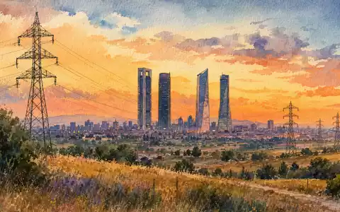 Endesa S.A. ES0130670112 präsentiert Aquarell der Madrider Skyline mit Hochspannungsmasten bei Sonnenuntergang - Foto: THN